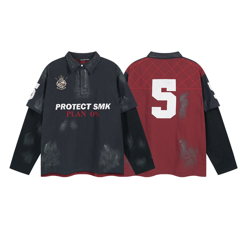 Polo de rugby oversize con lavado ácido – Mangas de falsa capa y bordado de gran tamaño
