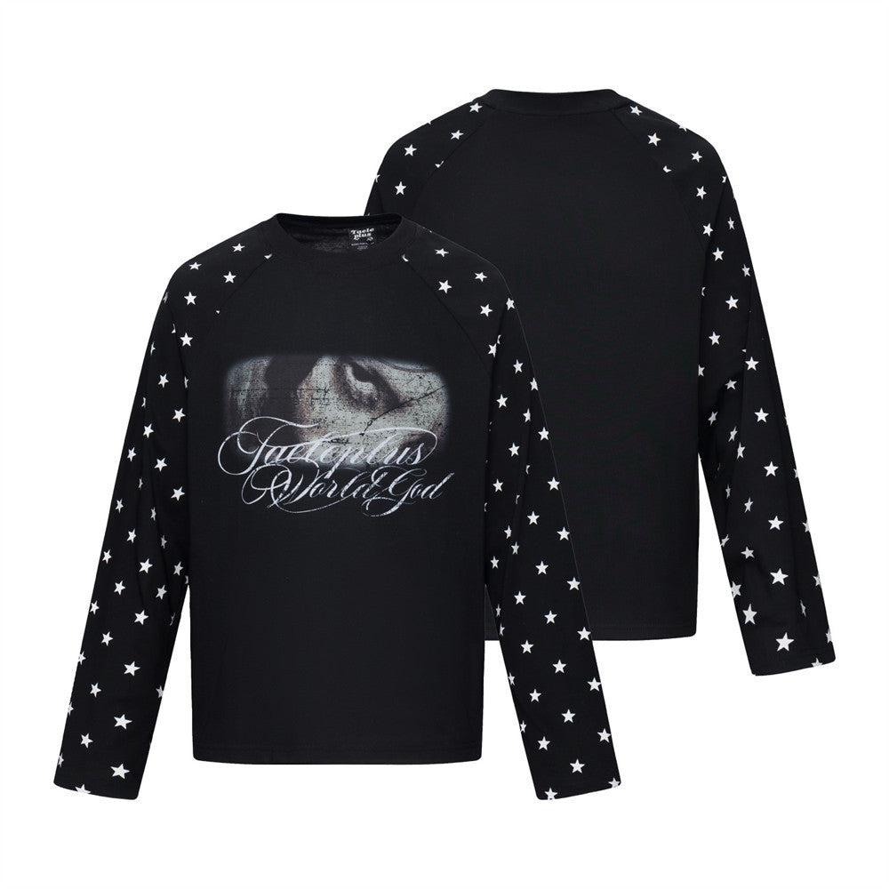 T-shirt noir à manches longues raglan, imprimé étoile – T-shirt homme graphique hip-hop