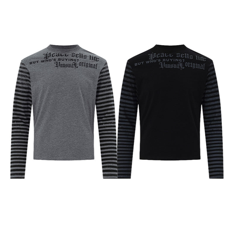 Men's Gothic Letter Print Long-Sleeve Tee with Striped Sleeve Splice