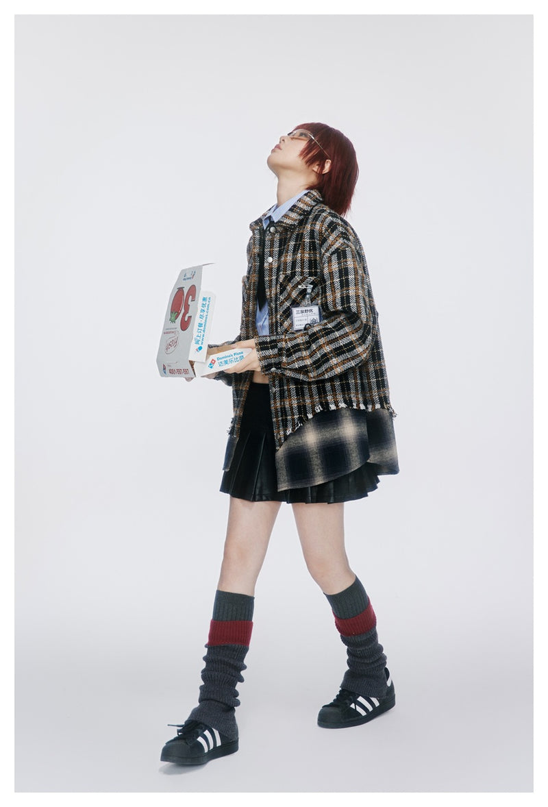 Vintage Plaid Patchwork Fringe Jacket – Oversized Unisex Overshirt