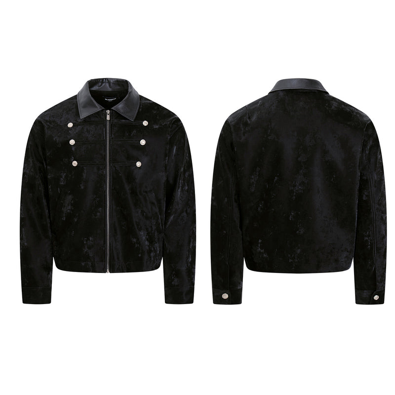 Velvet Detroit Jacket with Leather Collar & Silver Military Buttons
