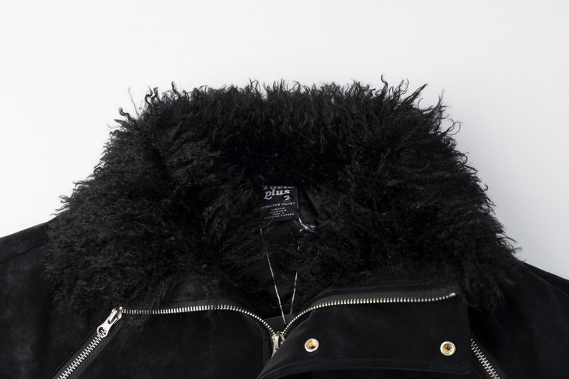 Fur Collar Bomber Jacket – Black Suede-Texture Padded Outerwear
