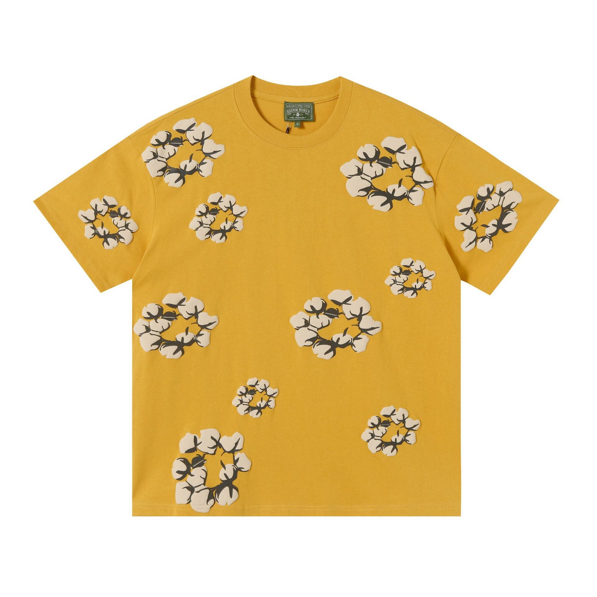 Denim Tears yellow T-shirt with allover cotton wreath print on front and sleeves