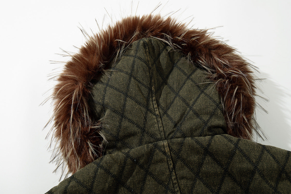 Rear close-up of the olive jacket hood showing its diamond quilting and brown fur trim