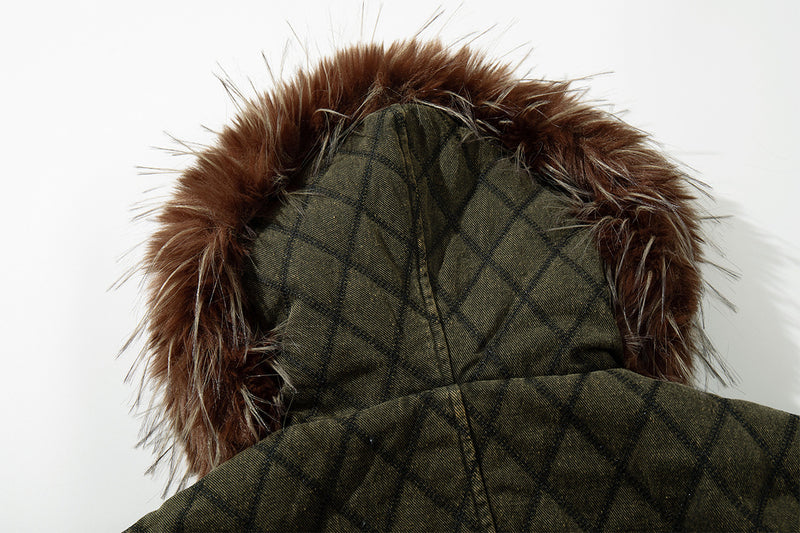Rear close-up of the olive jacket hood showing its diamond quilting and brown fur trim