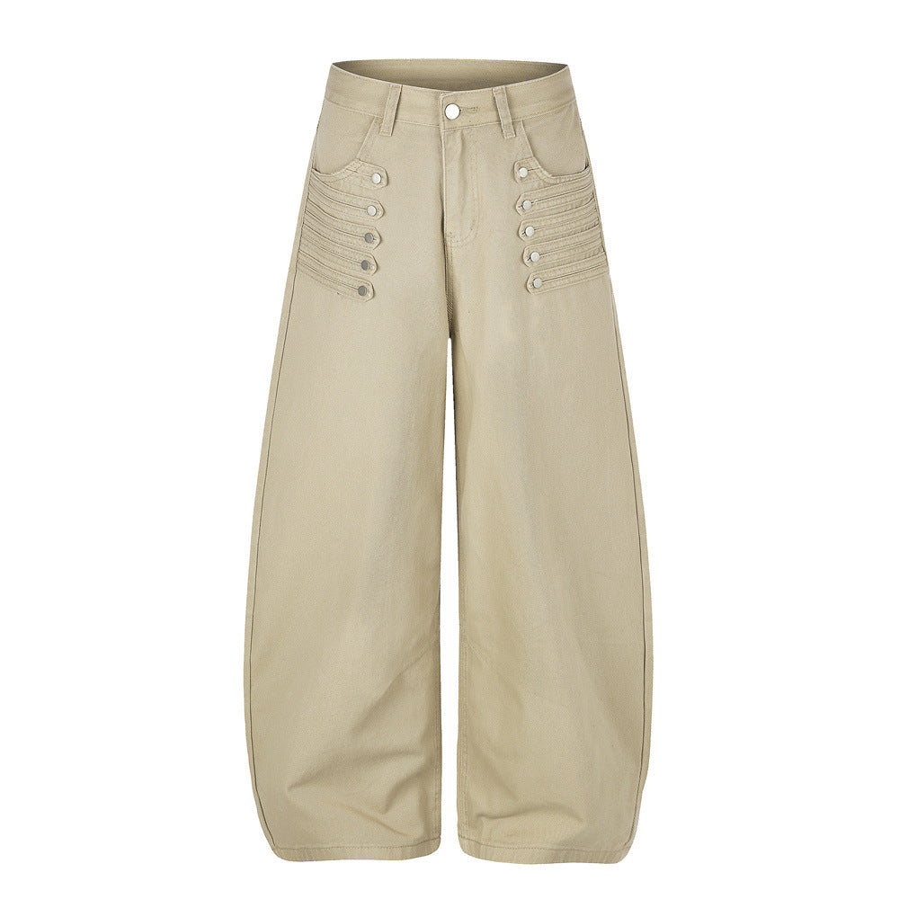 Men's Wide-Leg Barrel Pants with Decorative Button Detail