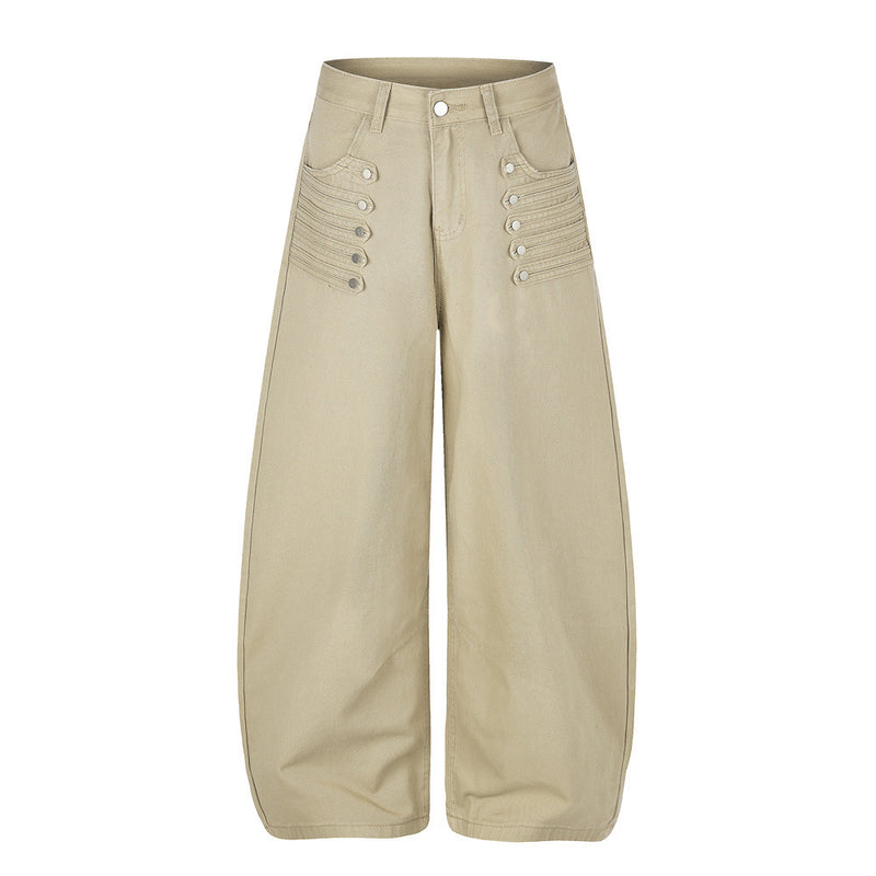 Men's Wide-Leg Barrel Pants with Decorative Button Detail