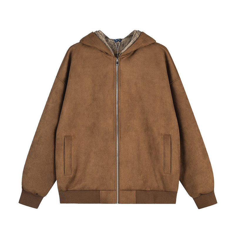 Veste zippée à capuche 2-en-1 – Extérieur effet daim et doublure polaire léopard