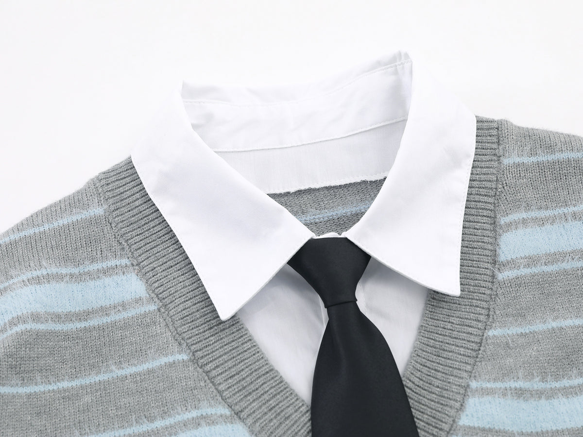 Striped Knit Sweater with Layered Shirt Collar and Tie Detail, Preppy Academy