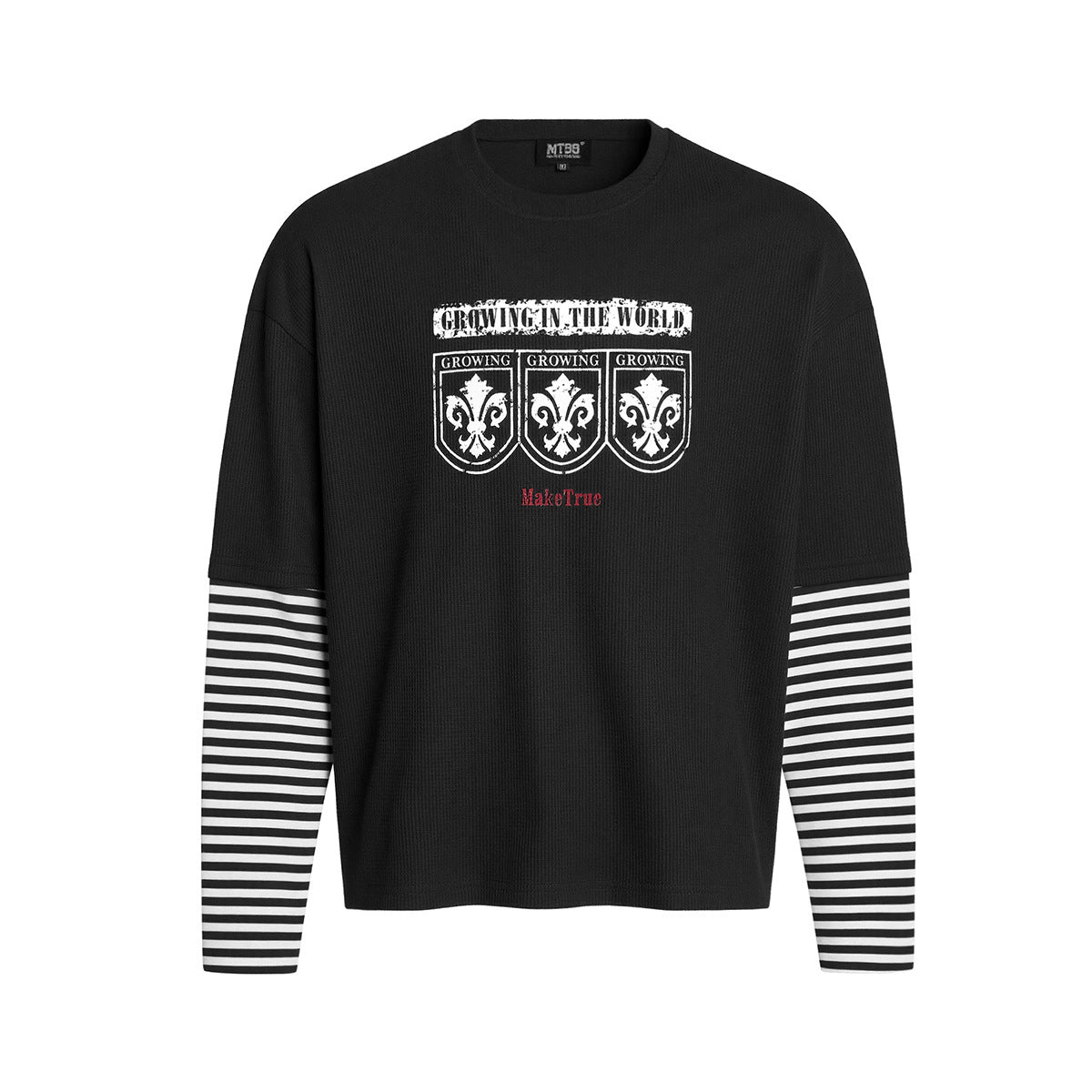 Long Sleeve Faux-Layered Graphic Shirt with Black & White Striped Sleeves