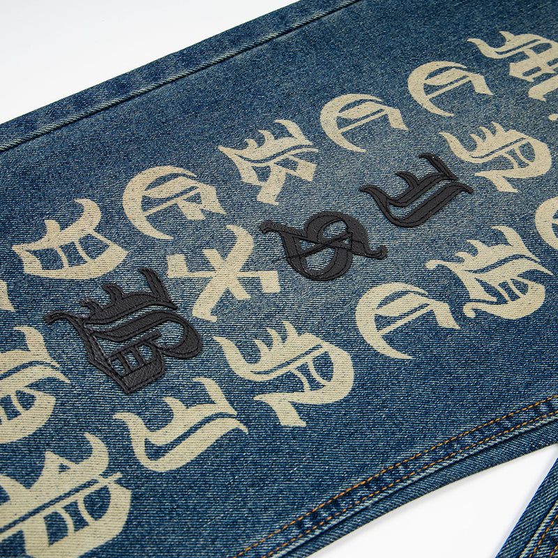 Gothic Old English Letter Print Washed Straight-Leg Jeans