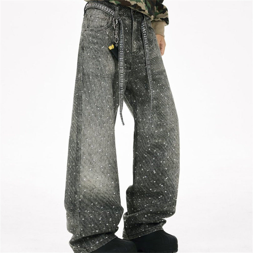 Y2K Baggy Jeans Mens Wide-Leg Rhinestone Embellished Denim Pants