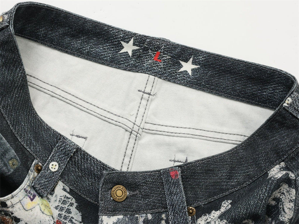 Loose Jeans for Men – Graffiti 3D Print Wide-Leg Dark Wash Denim