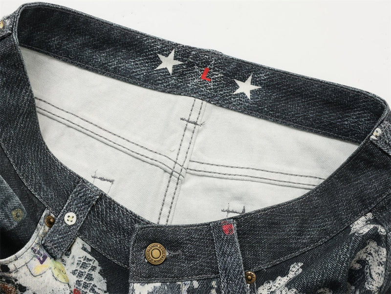 Loose Jeans for Men – Graffiti 3D Print Wide-Leg Dark Wash Denim