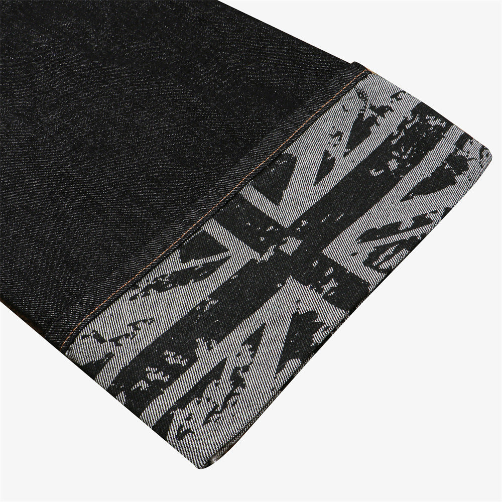 Men's Wide-Leg Raw Denim Jeans with Union Jack Rolled Cuffs & Studded Back