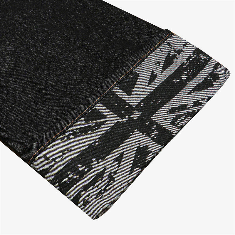 Men's Wide-Leg Raw Denim Jeans with Union Jack Rolled Cuffs & Studded Back