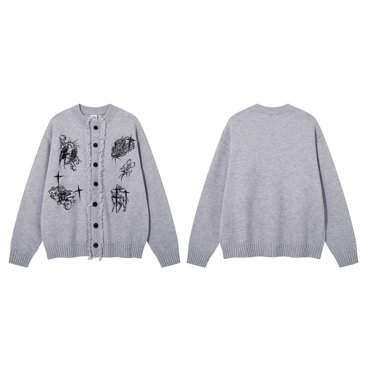 Gothic Embroidered Fringe Knit Cardigan Sweater – Oversized Button-Up