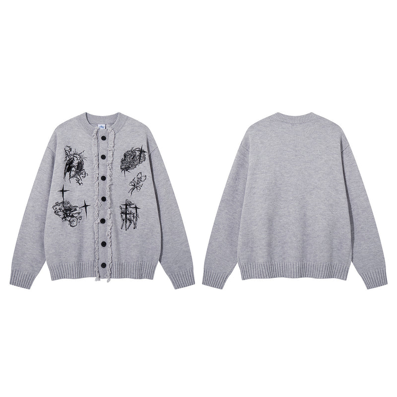 Gothic Embroidered Fringe Knit Cardigan Sweater – Oversized Button-Up