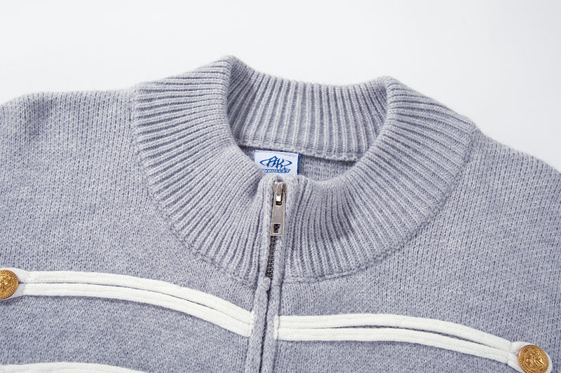 Military Knit Zip-Up Cardigan Sweater with Braided Cord & Button Detail