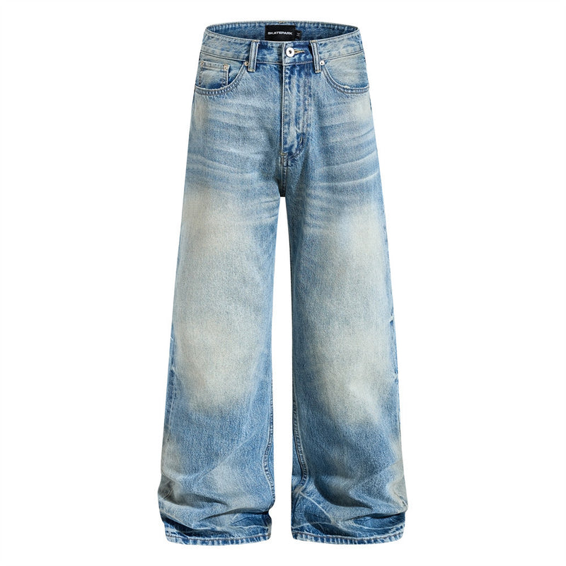 Wide Leg Baggy Jeans – Men's Vintage Washed Light Blue Straight Fit Denim