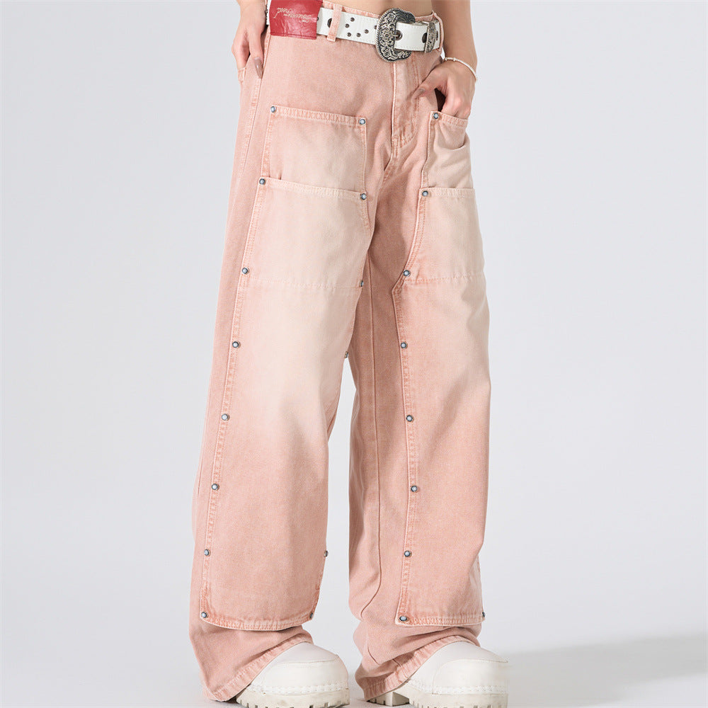 Wide-Leg Carpenter Jeans – Patchwork Studded Pink Washed Denim