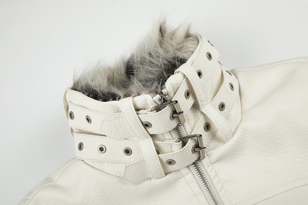 Faux Leather Bomber Jacket with Fur Collar and Buckle Detail