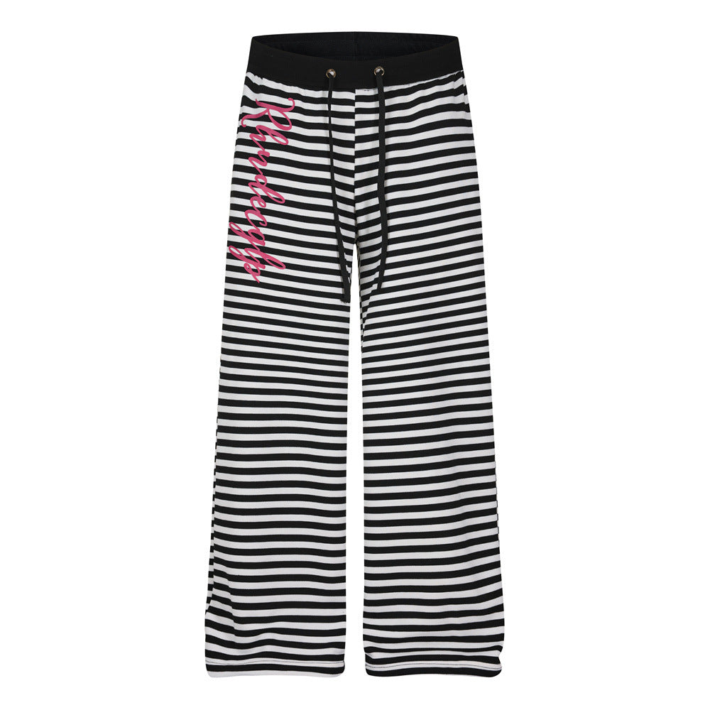 Black & White Striped Wide-Leg Pants with Drawstring Waist