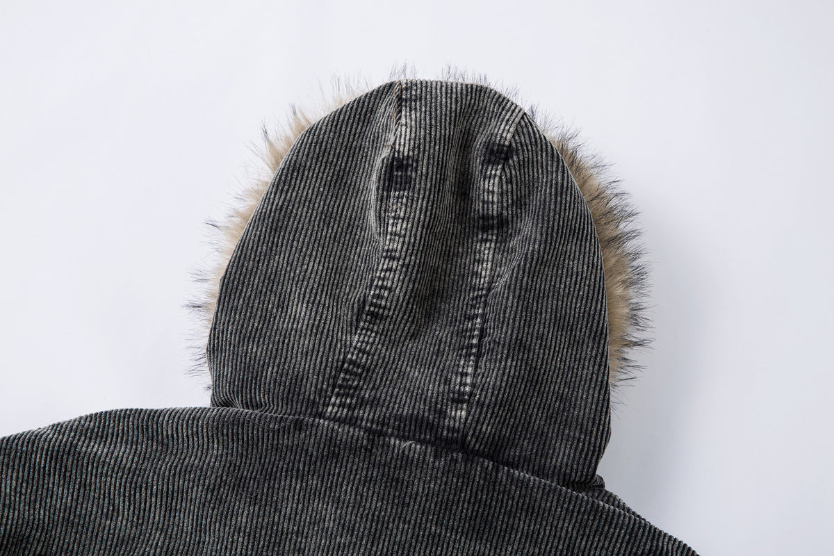 Corduroy Padded Jacket with Faux Fur Hood – Oversized Washed Winter Coat