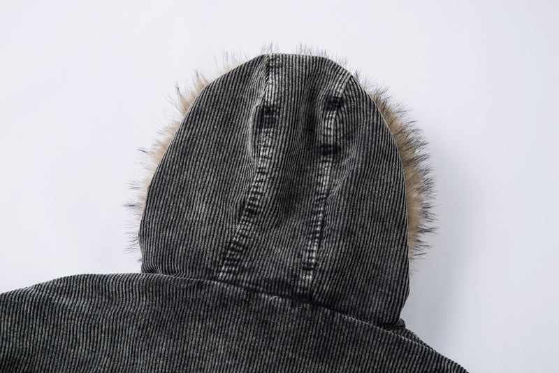 Corduroy Padded Jacket with Faux Fur Hood – Oversized Washed Winter Coat