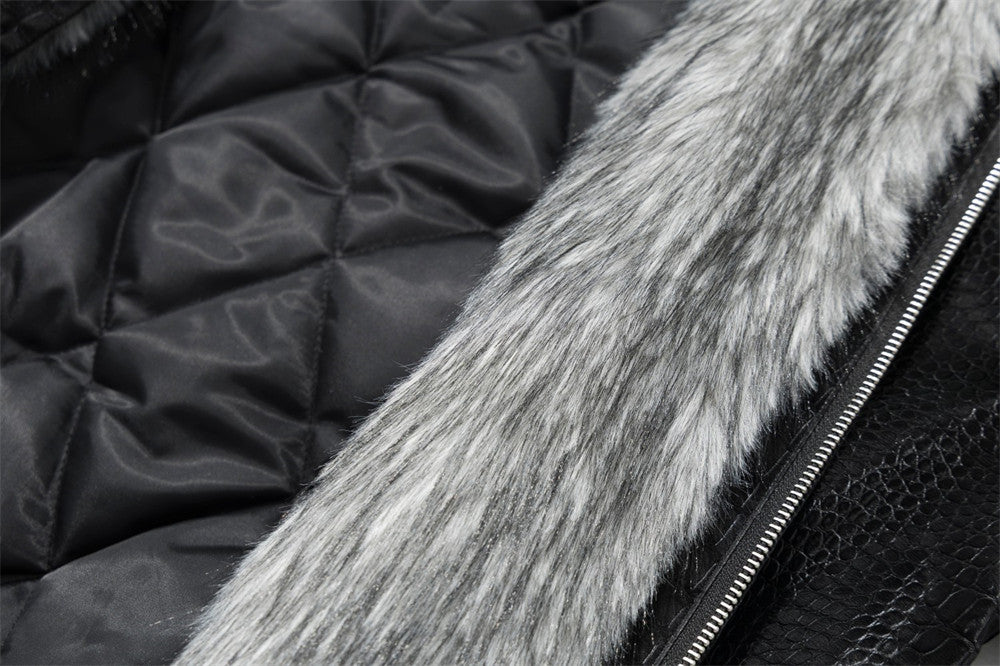 Chaqueta bomber de hombre con cuello de pelo – Cuero PU negro grabado efecto cocodrilo