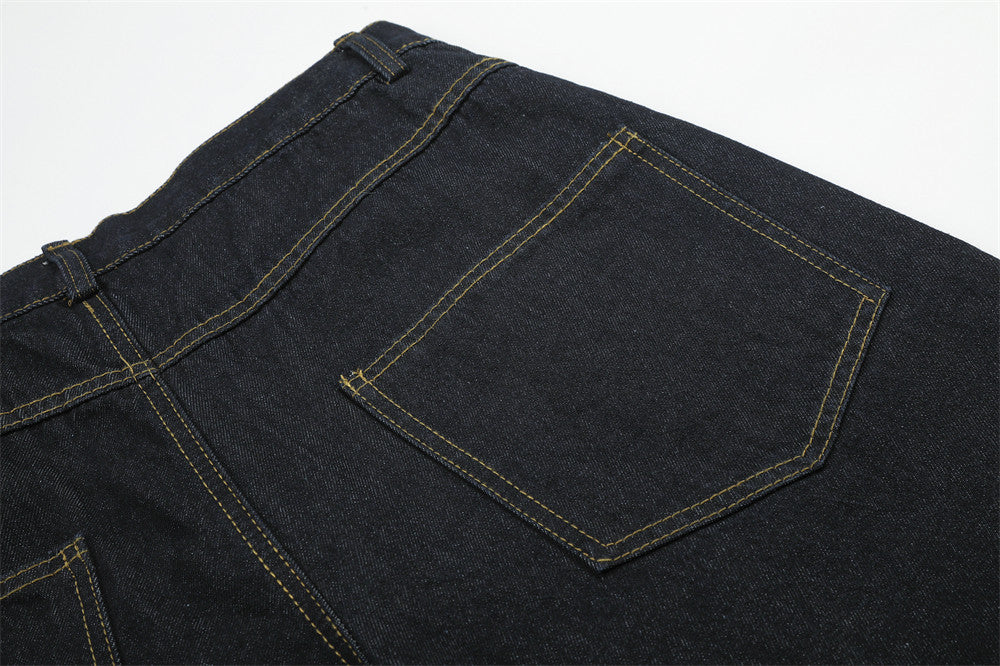 Wide-Leg Jeans Men – Dark Wash Denim with Script Embroidery & Faux Fur Cuffs