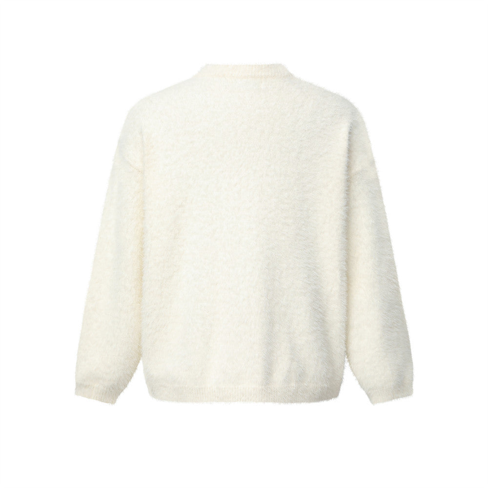 Cat Cartoon Fuzzy Knit Cardigan Sweater – Crew Neck Button-Front