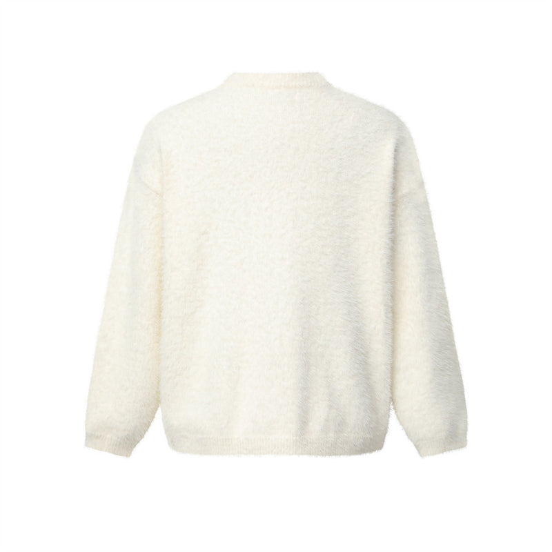 Cat Cartoon Fuzzy Knit Cardigan Sweater – Crew Neck Button-Front