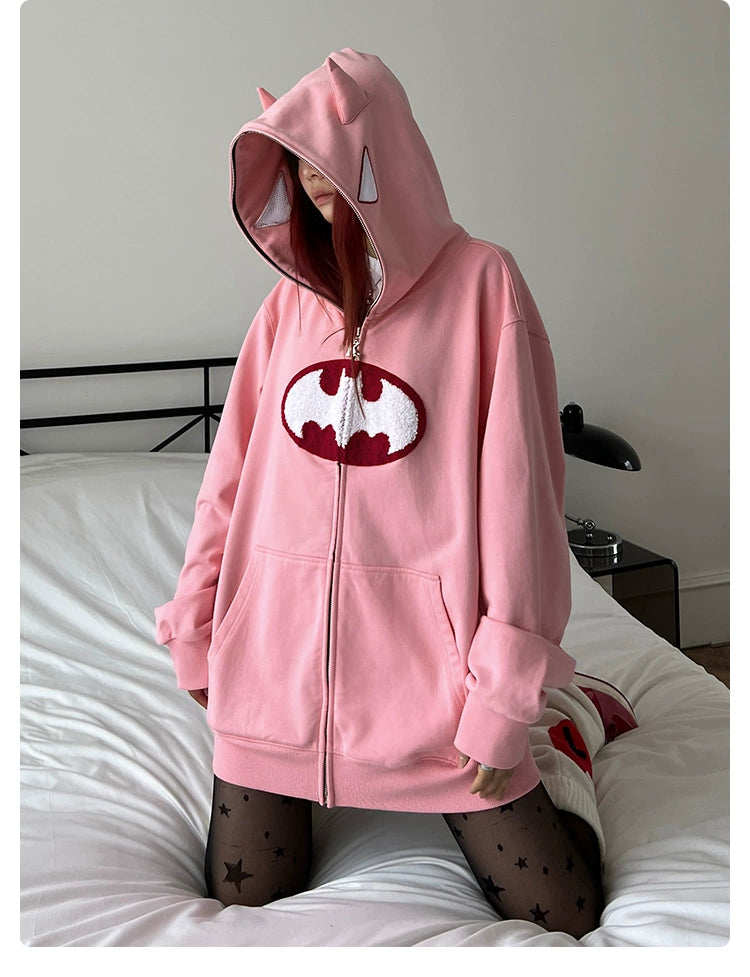 Von Batman inspirierter Hoodie – Übergroßes, rosa Superhelden-Sweatshirt mit Reißverschluss, 400 g/m²