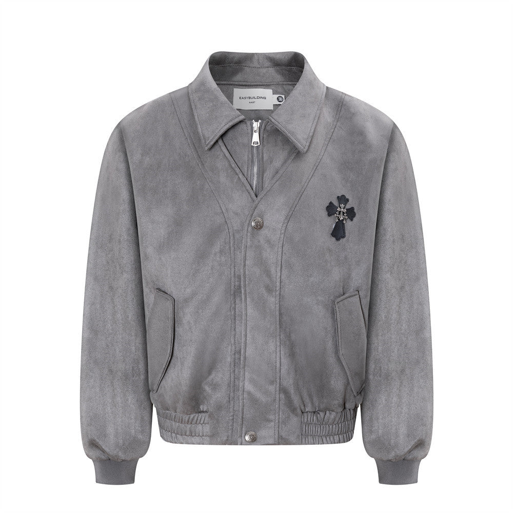 Men's grey suede bomber jacket with spread collar, cross chest patch, and elasticated hem — front view