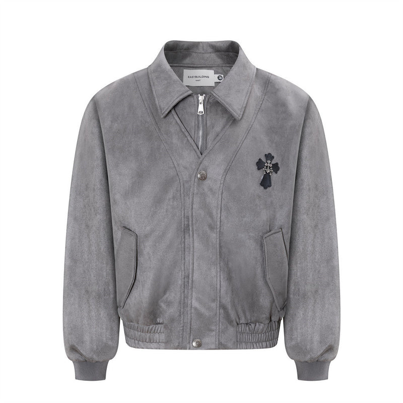 Men's grey suede bomber jacket with spread collar, cross chest patch, and elasticated hem — front view