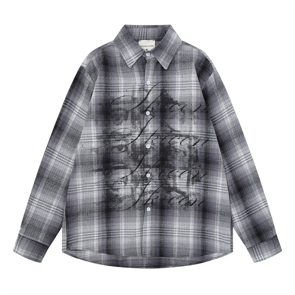 Oversized plaid long sleeve shirt with graffiti print in grey and burgundy colorways, front view