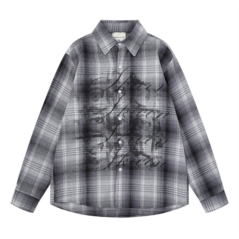 Oversized plaid long sleeve shirt with graffiti print in grey and burgundy colorways, front view