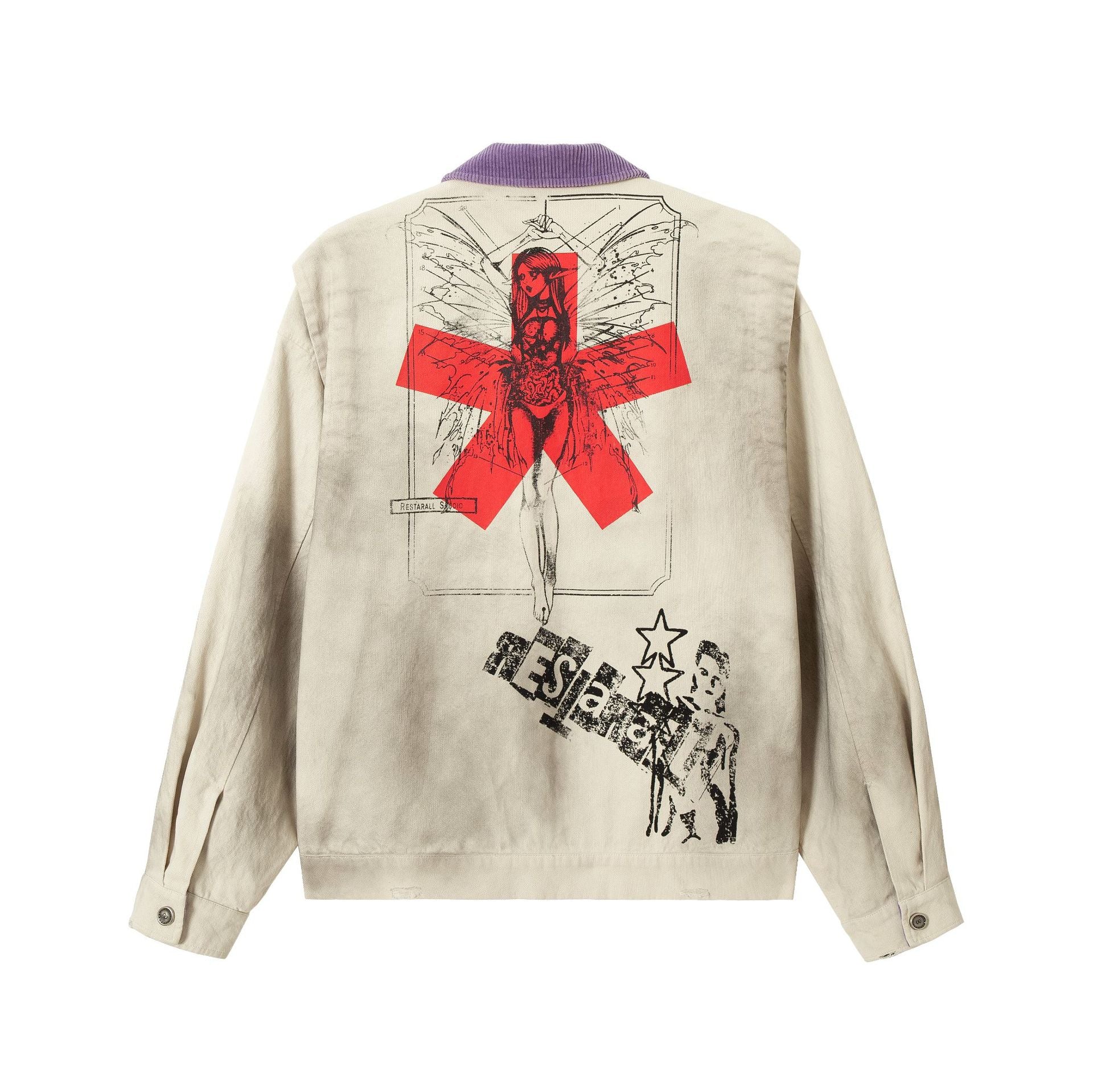 Veste zippée à imprimé graphique – Coton délavé effet usé, col violet et badge