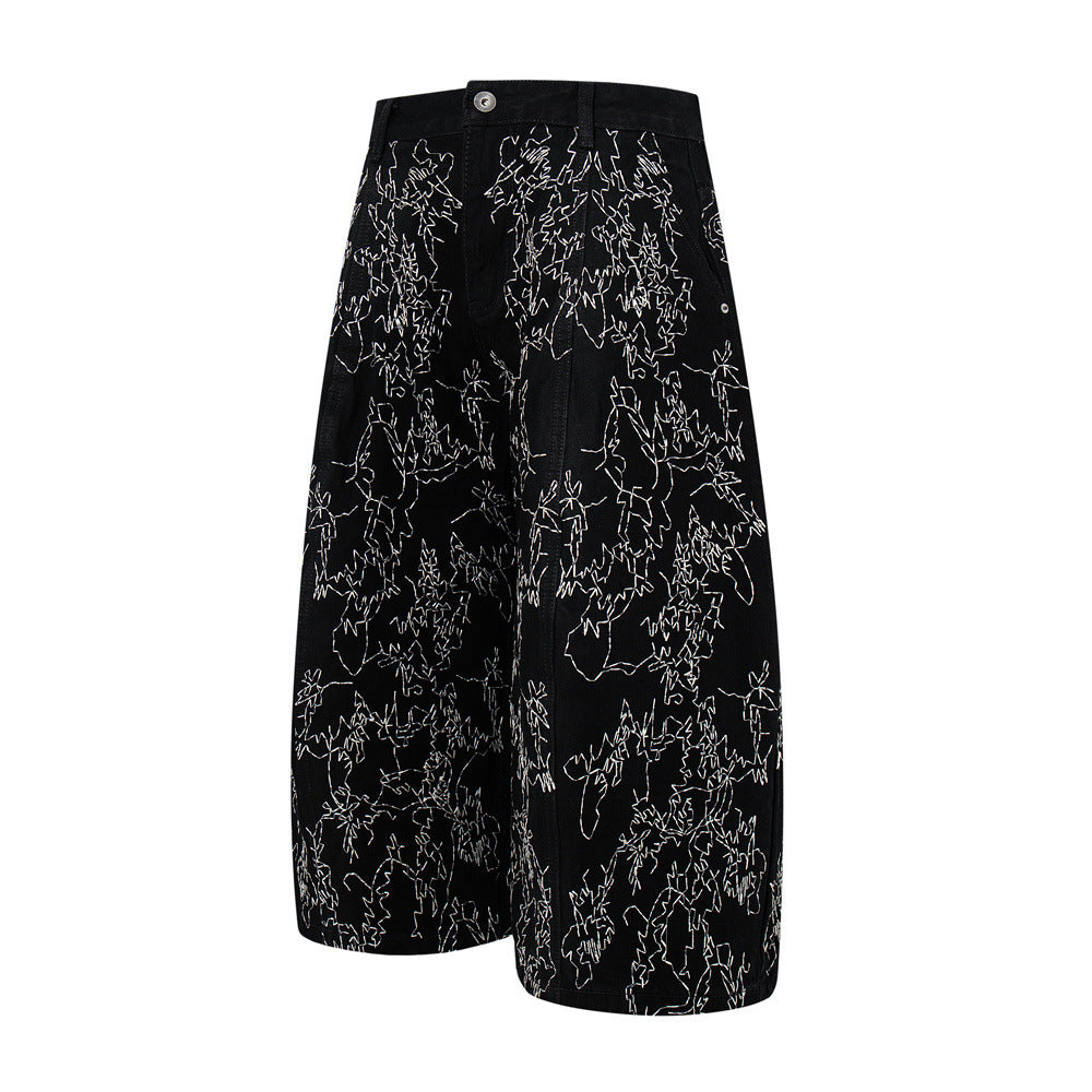 Wide-Leg Denim Shorts – All-Over Chaotic Stitch Embroidery, Hip-Hop Style