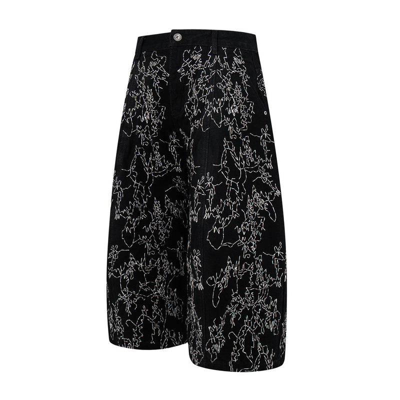 Wide-Leg Denim Shorts – All-Over Chaotic Stitch Embroidery, Hip-Hop Style
