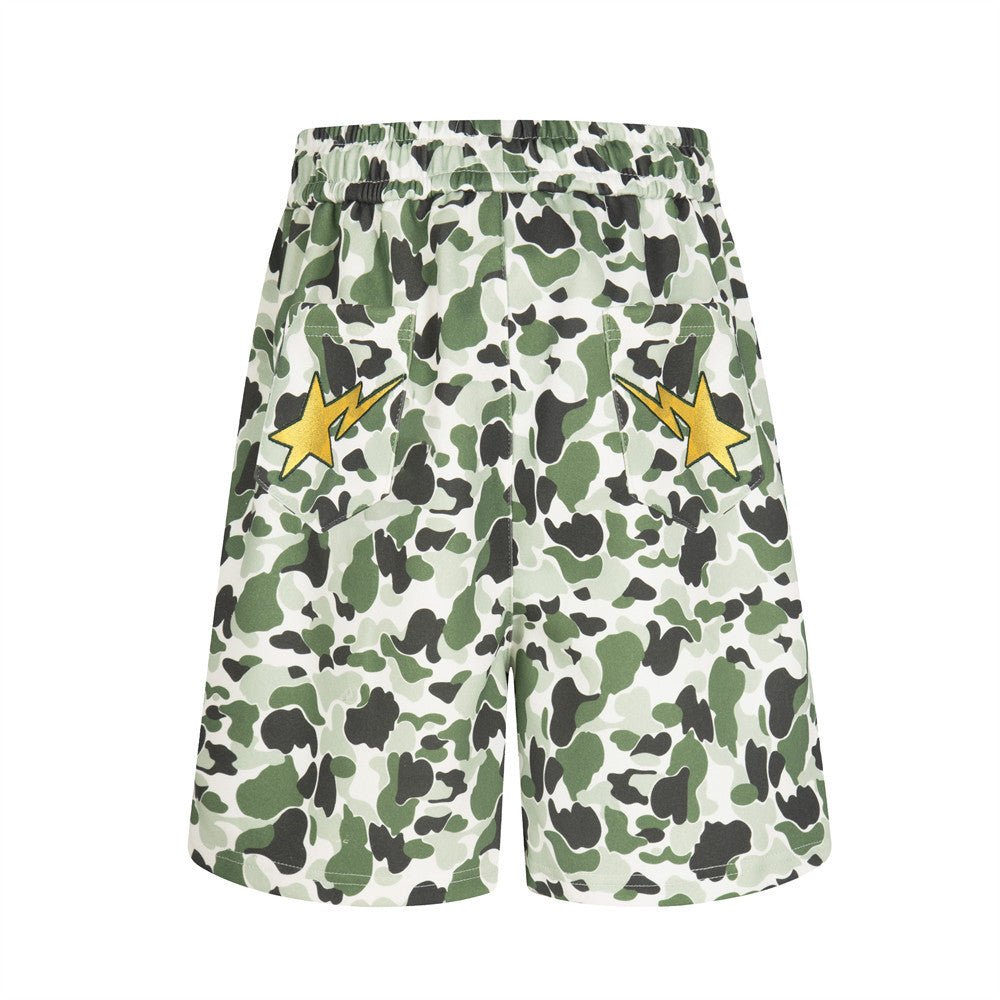 Camo Print Shorts Men Star Embroidery Elastic Waist Streetwear Basketball Shorts