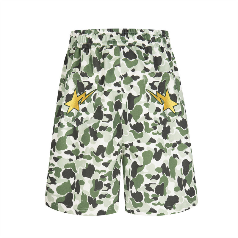 Camo Print Shorts Men Star Embroidery Elastic Waist Streetwear Basketball Shorts