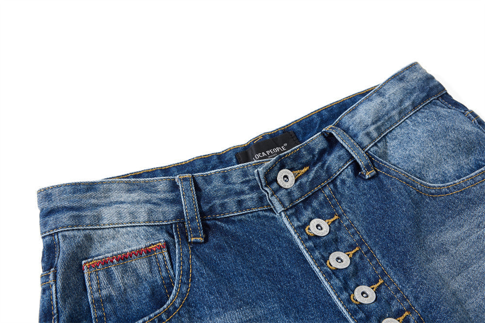 Baggy-Jeans mit weitem Bein – Knopfleiste, gewaschenes Dunkelblau, gerader High-Street-Schnitt