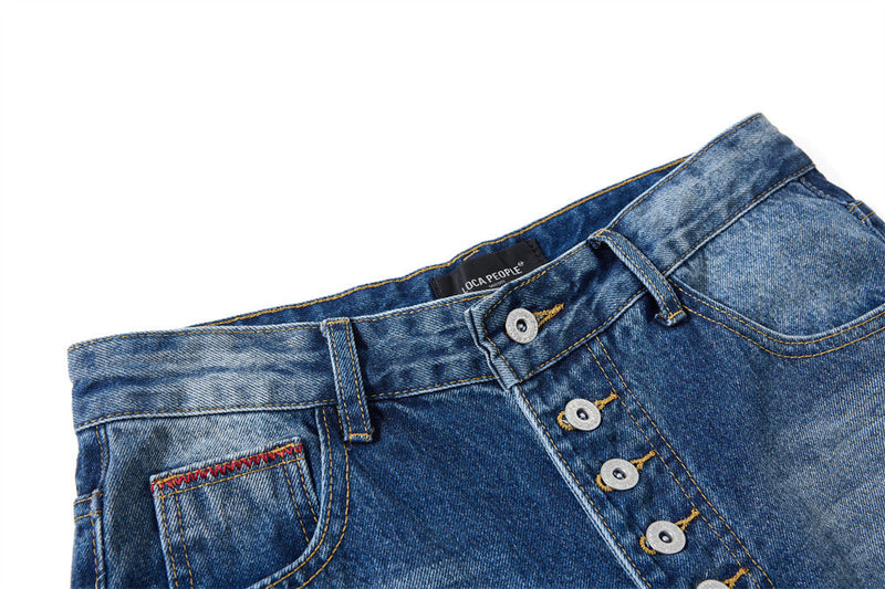 Baggy-Jeans mit weitem Bein – Knopfleiste, gewaschenes Dunkelblau, gerader High-Street-Schnitt