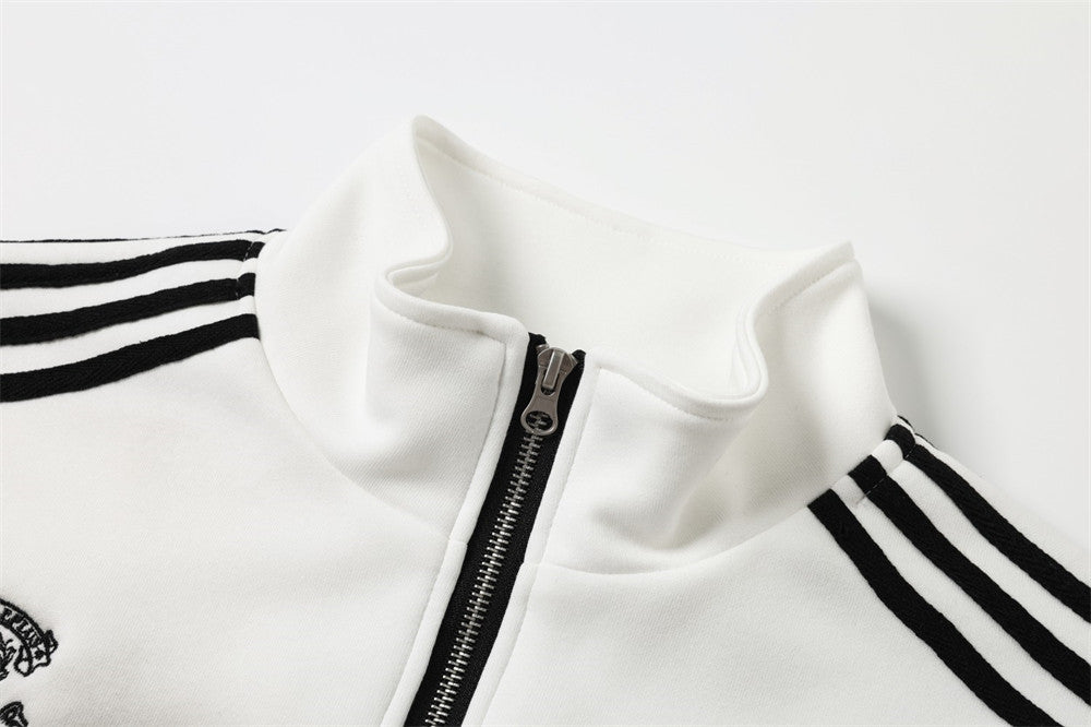 Zip-Up Track Jacket with Stripe Sleeves & Distressed Wash