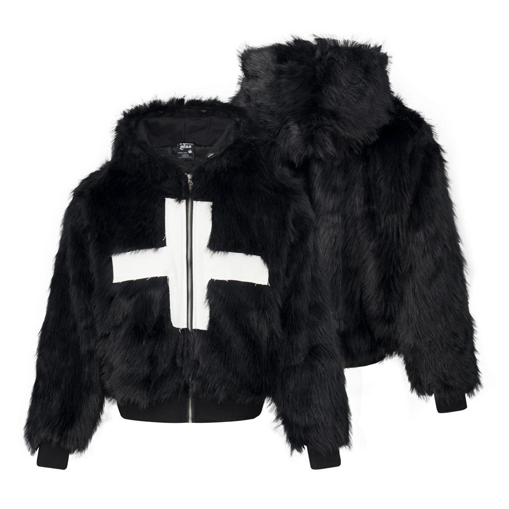 Black Faux Fur Hooded Bomber Jacket with White Cross Patch