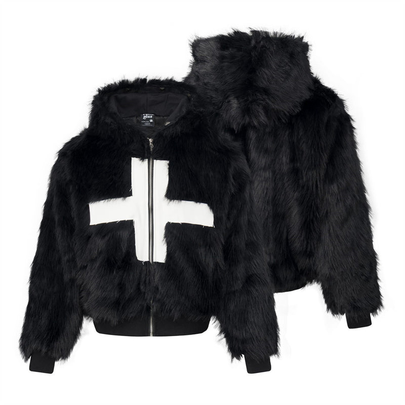 Black Faux Fur Hooded Bomber Jacket with White Cross Patch