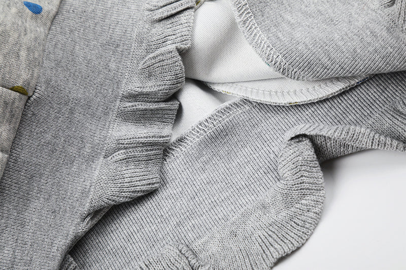 Sweat à capuche zippé pour femme – Sweat court gris à pois multicolores et volants