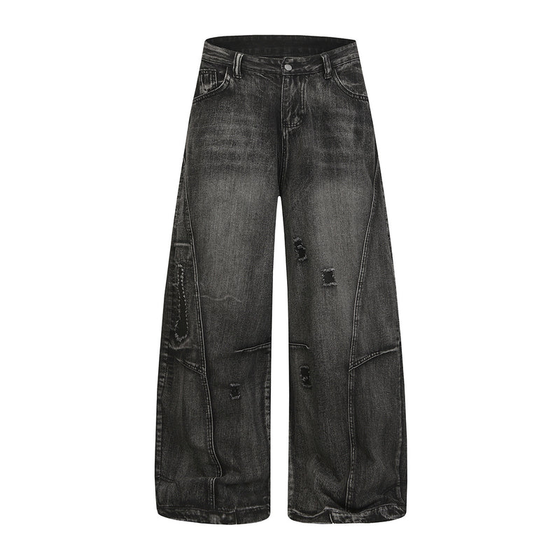 Jean baggy noir déchiré – Pantalon en denim délavé à jambe large